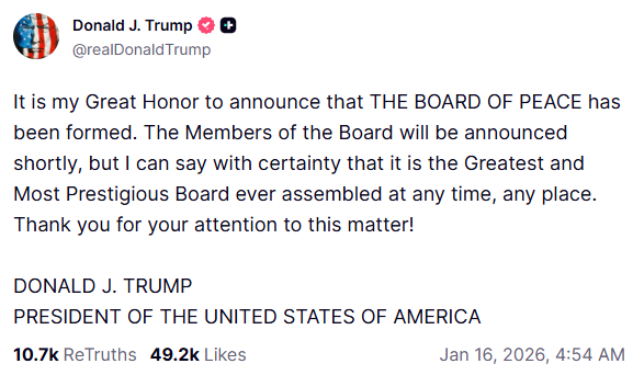 Trump Announces ‘Board of Peace’ for Gaza