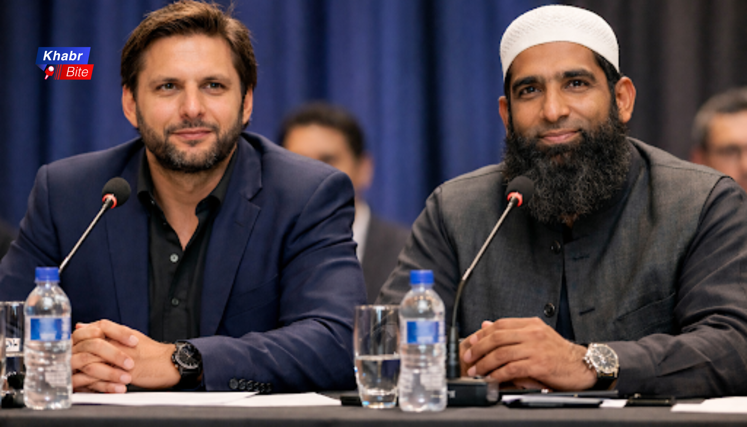 Shahid Afridi and Mohammad Yousaf speaking at a press conference after Pakistan’s loss to India in T20 World Cup 2026