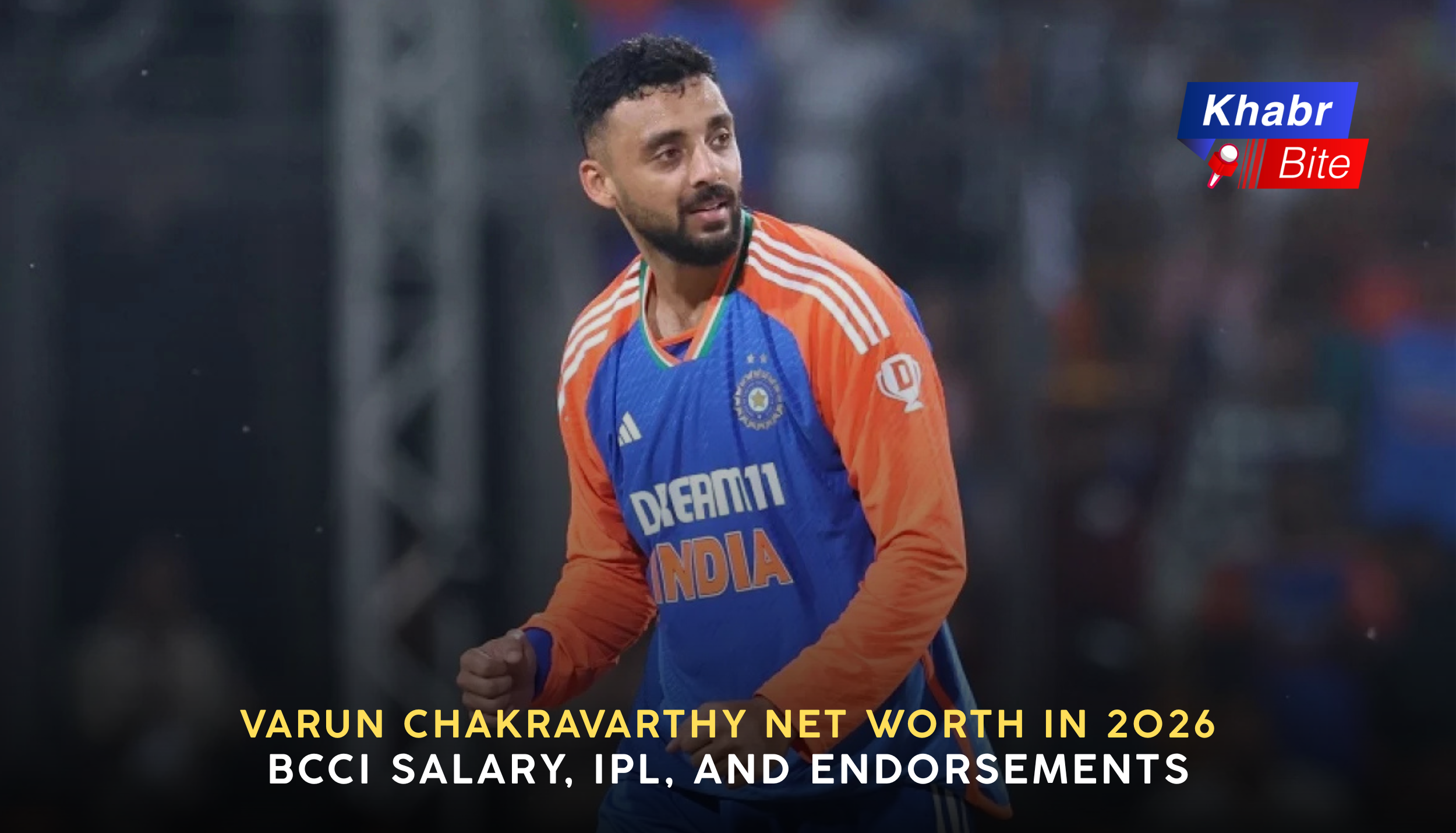 Indian leg-spinner in national team jersey during an international T20 match, featured in a net worth article.