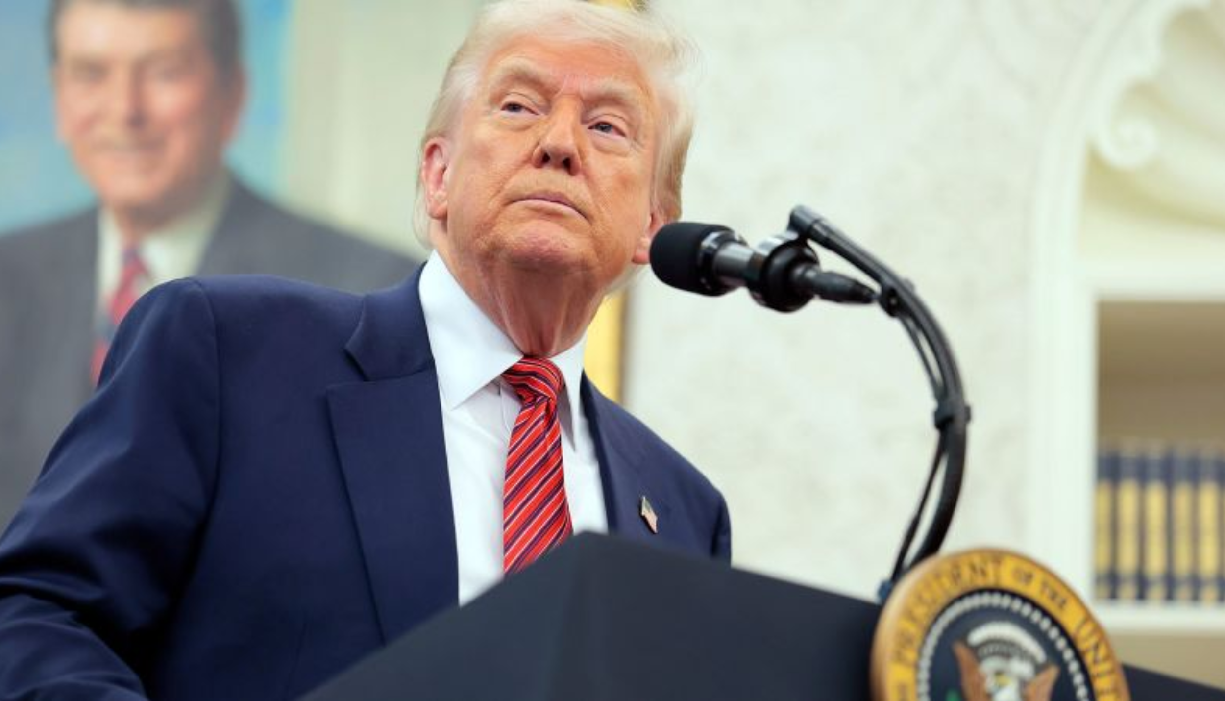 Donald Trump speaking at podium during address on India Pakistan conflict claim