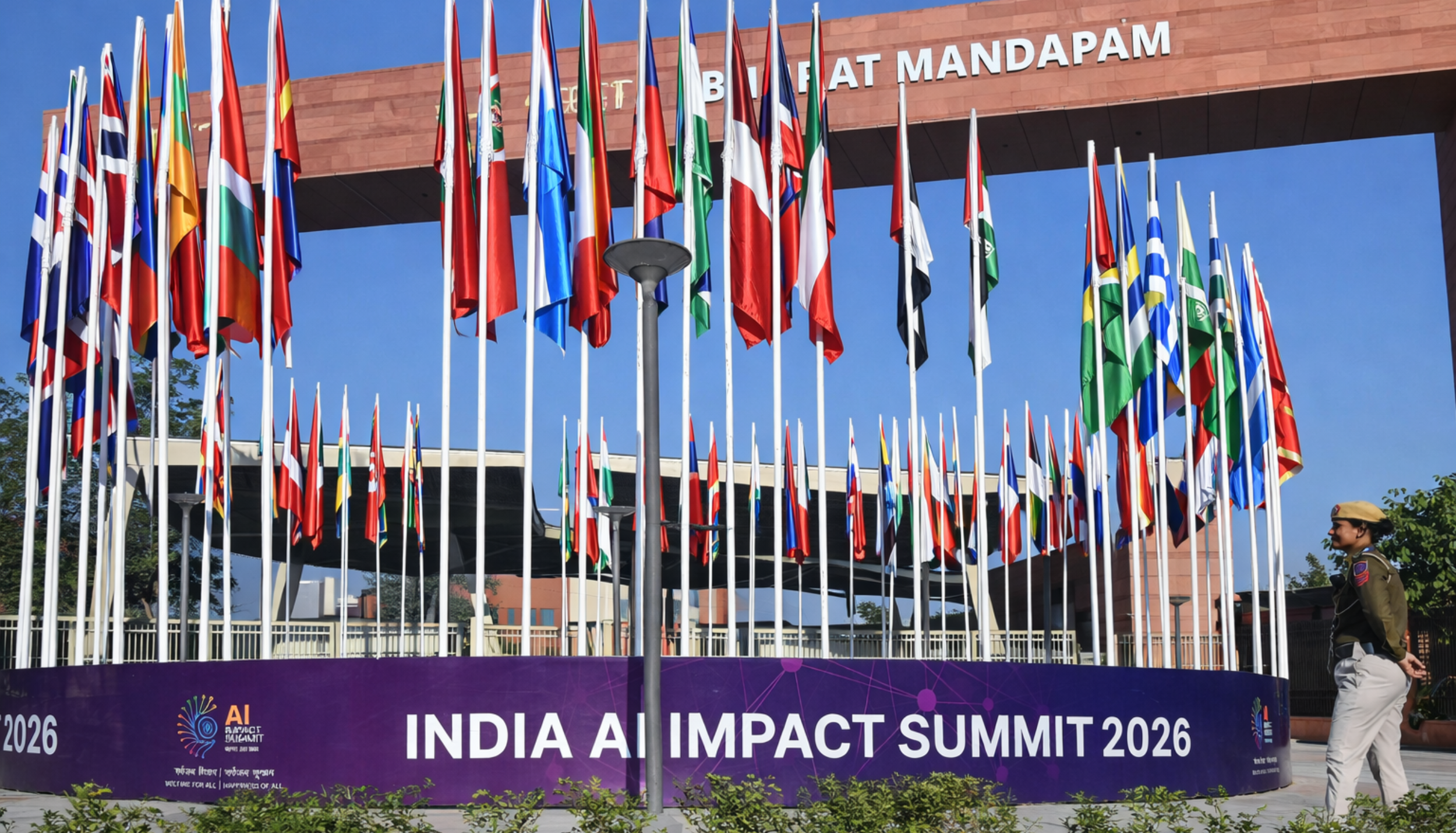 Bharat Mandapam Delhi during AI Impact Summit 2026 with global flags and security arrangements