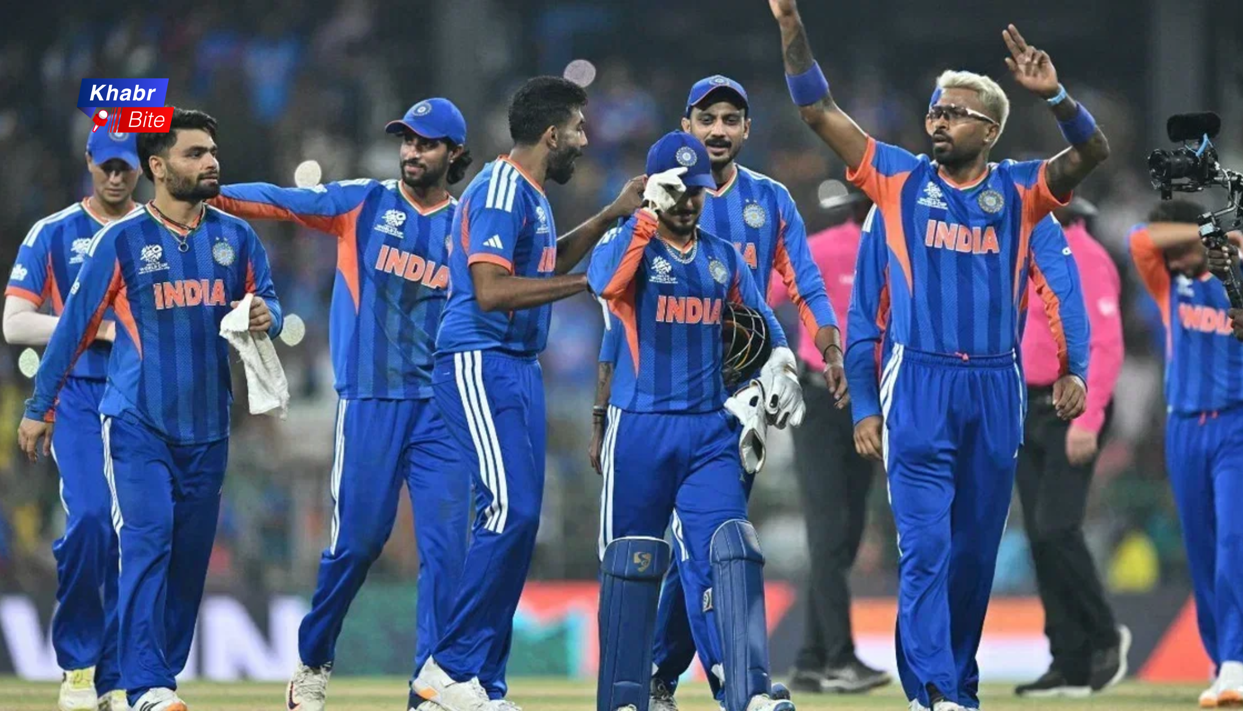 Indian cricket team celebrating during T20 World Cup 2026 match