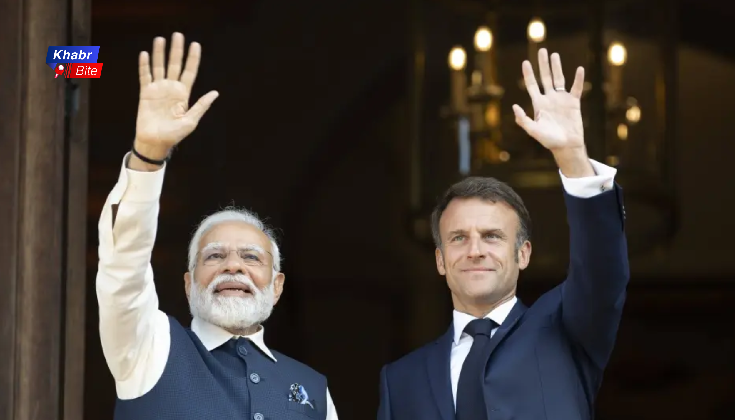 Narendra Modi and Emmanuel Macron greet during India visit meeting