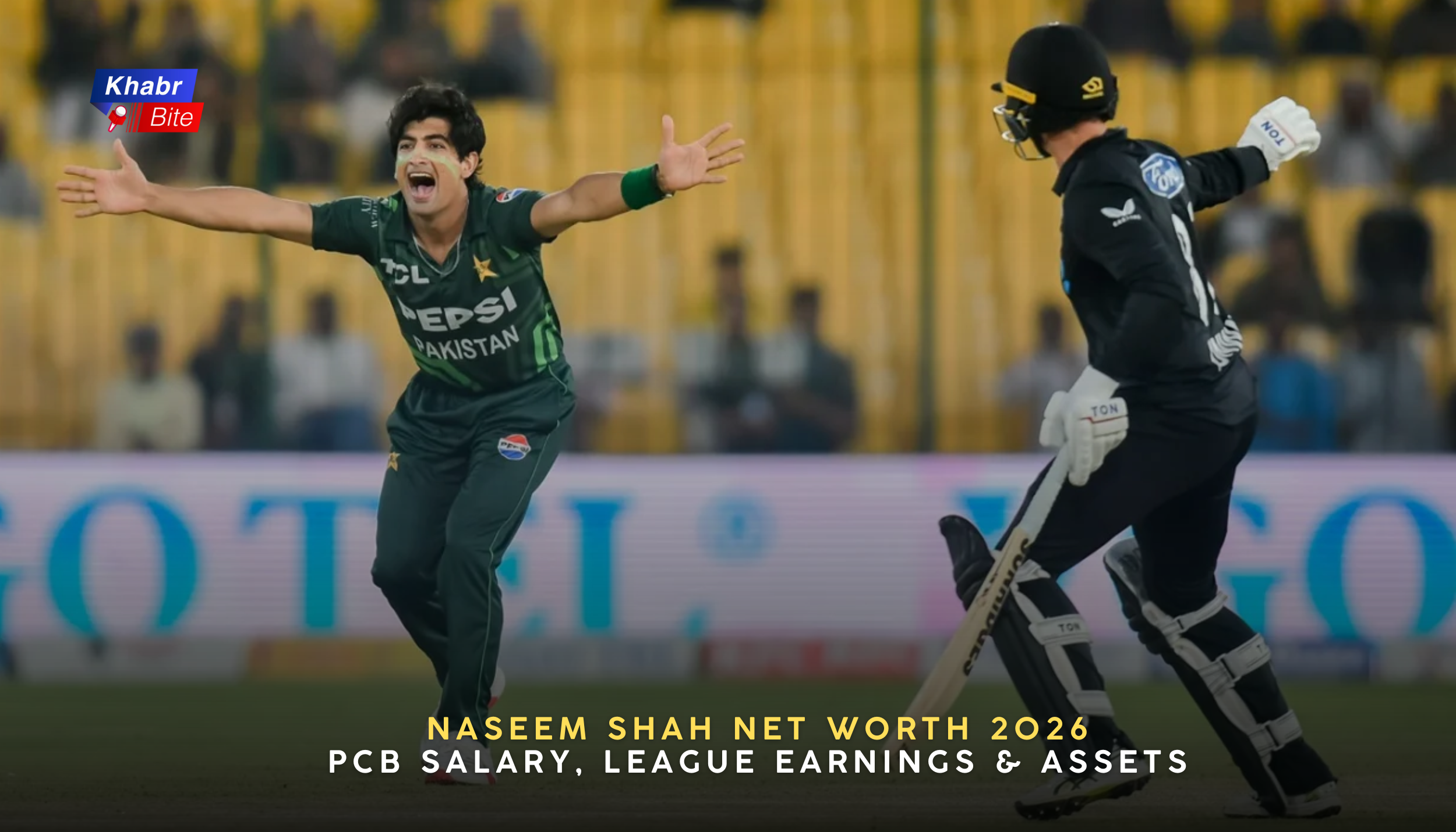 Pakistani fast bowler Naseem Shah celebrates with arms wide after appealing for a wicket
