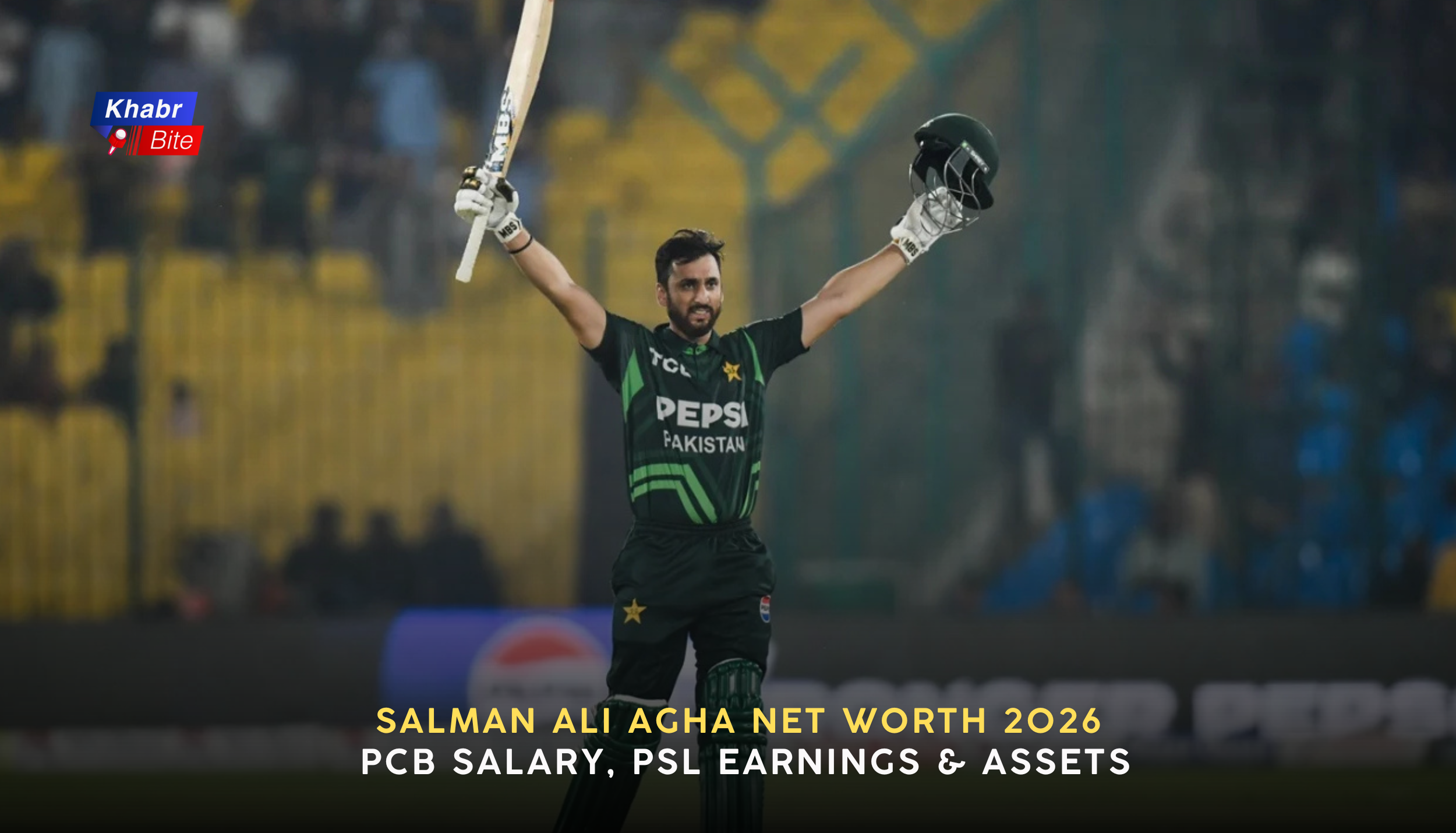 Salman Ali Agha celebrating a century for Pakistan with raised bat