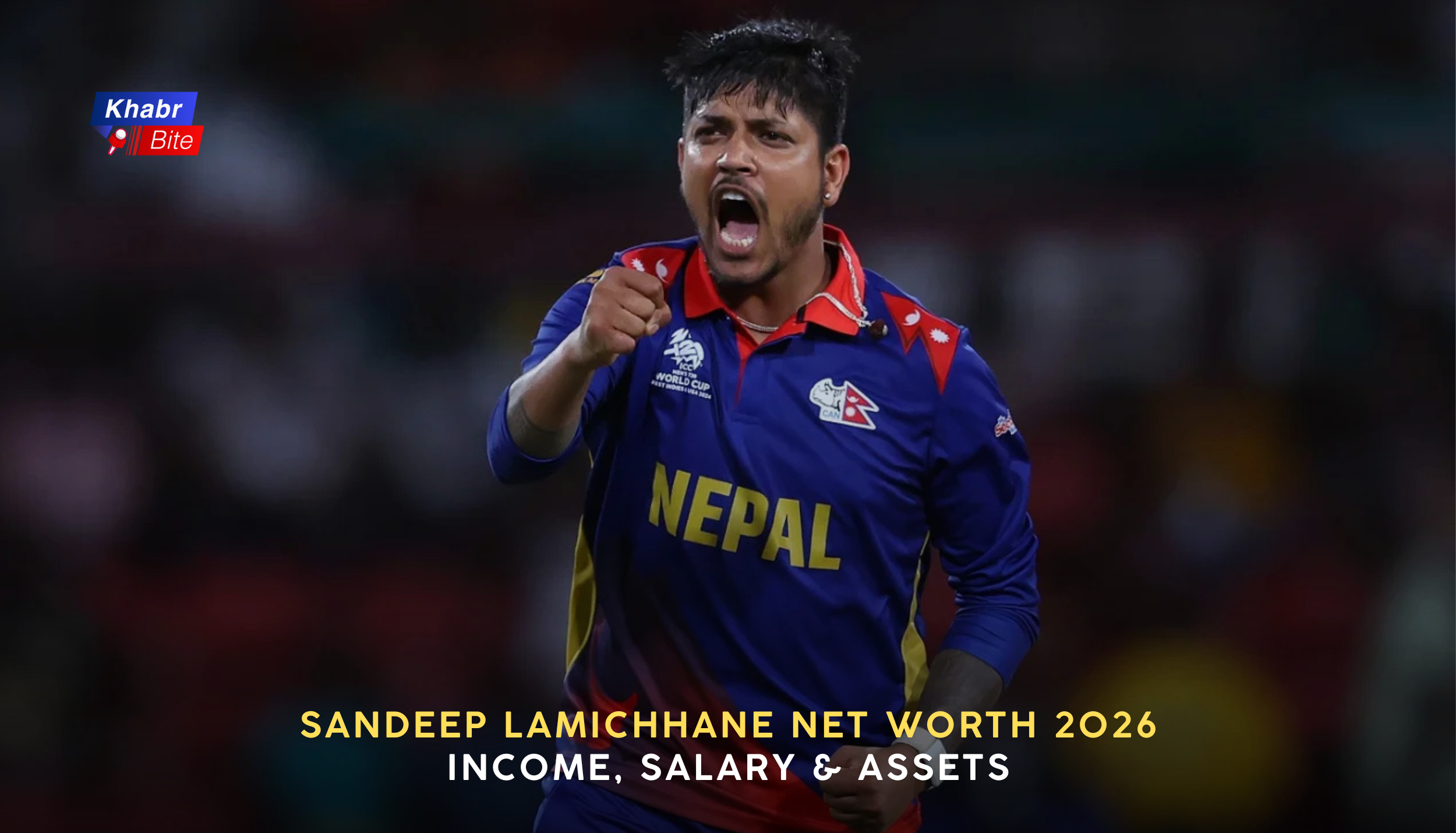 Nepal national cricket team leg-spinner celebrating with a fist pump during a match, wearing a blue Nepal jersey in a stadium setting.