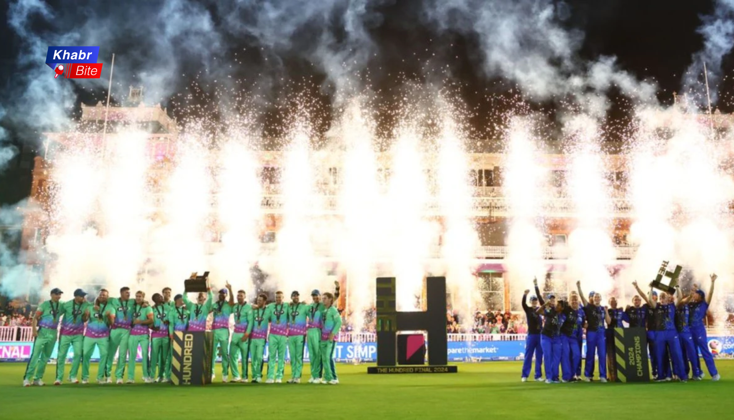 The Hundred final match celebration with trophy and fireworks in stadium