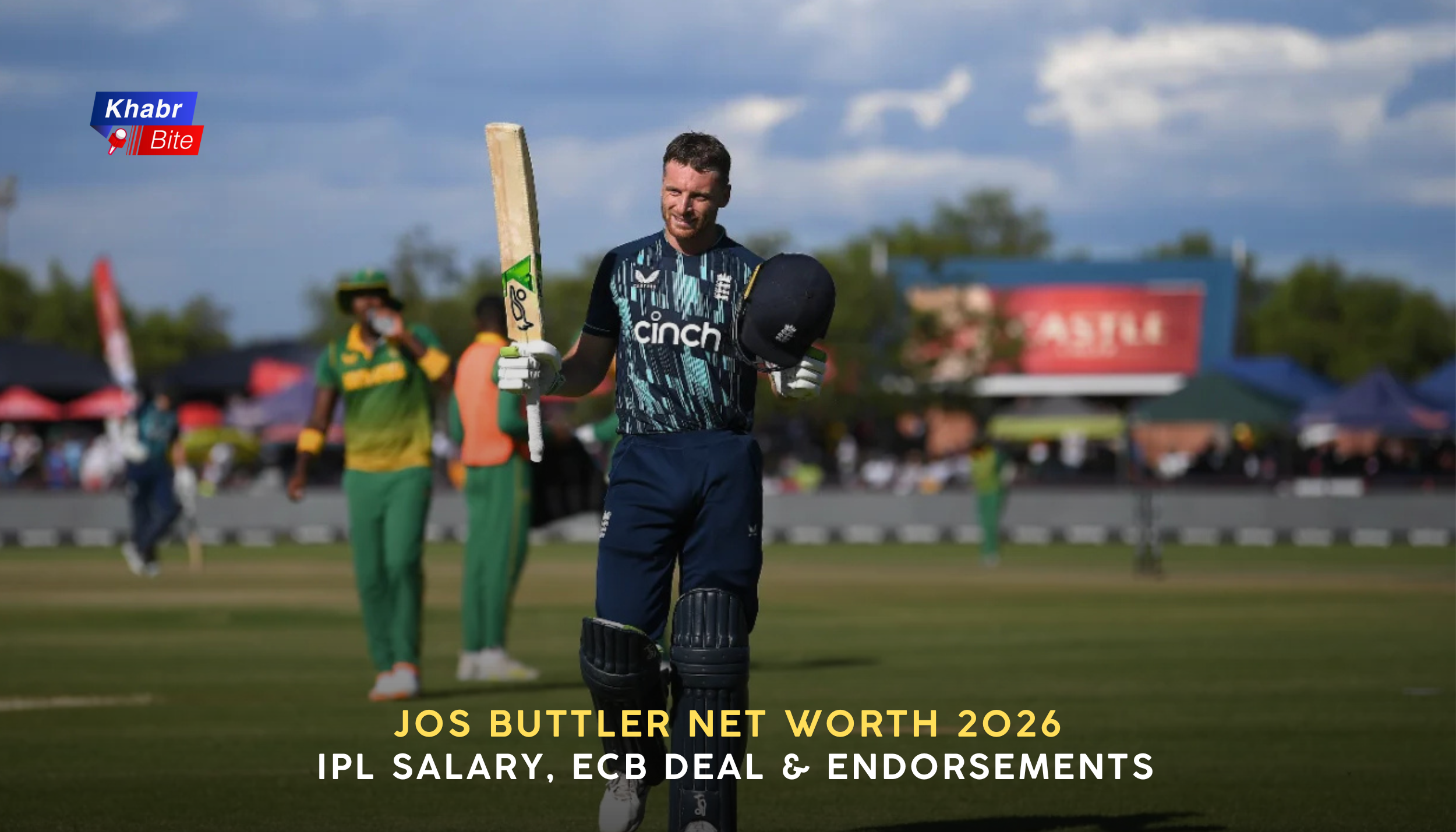 Jos Buttler celebrating a century while holding bat and helmet during an England match