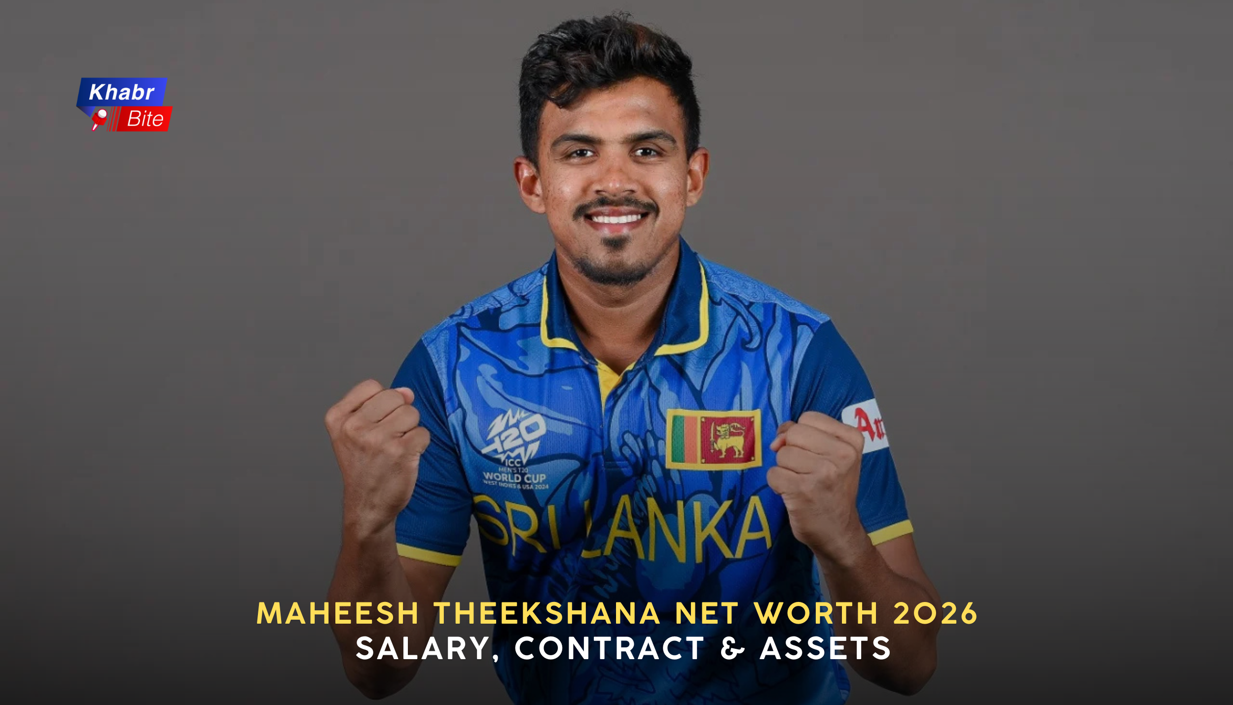 Maheesh Theekshana wearing Sri Lanka cricket jersey, smiling with clenched fists,
