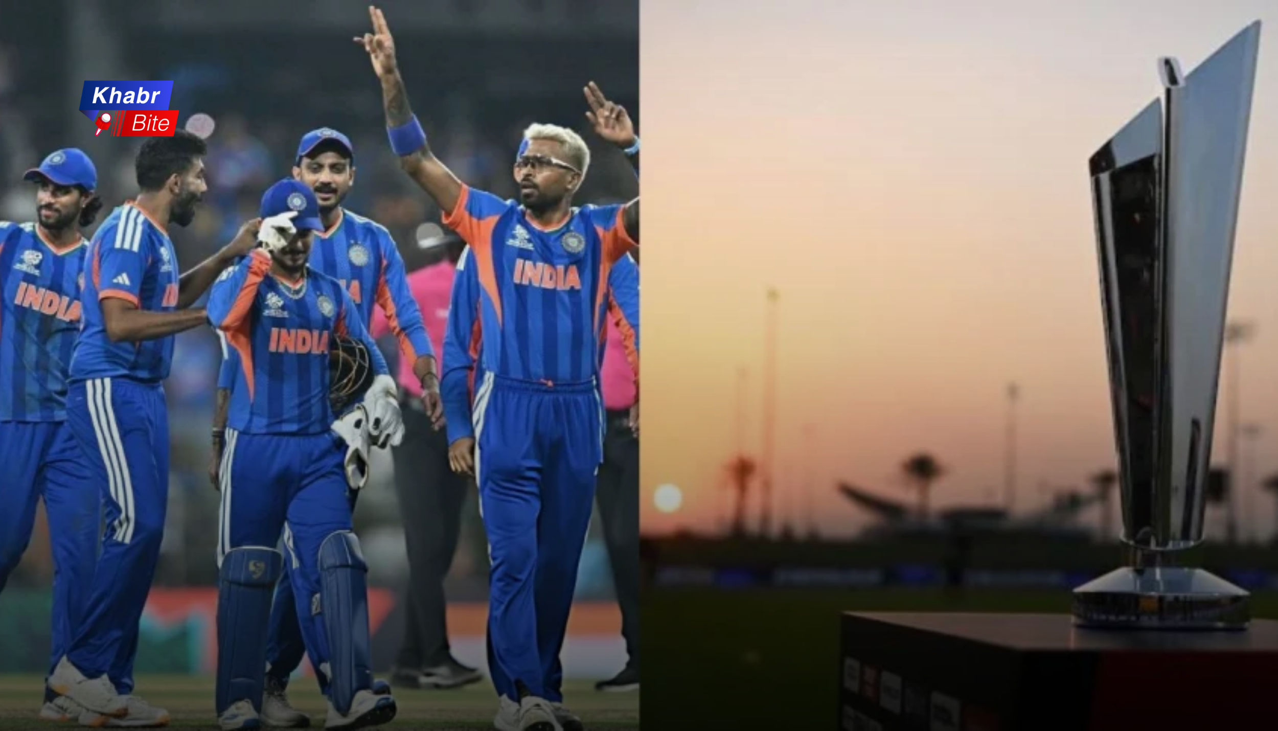 India cricket team players celebrating during ICC T20 World Cup 2026 with trophy image