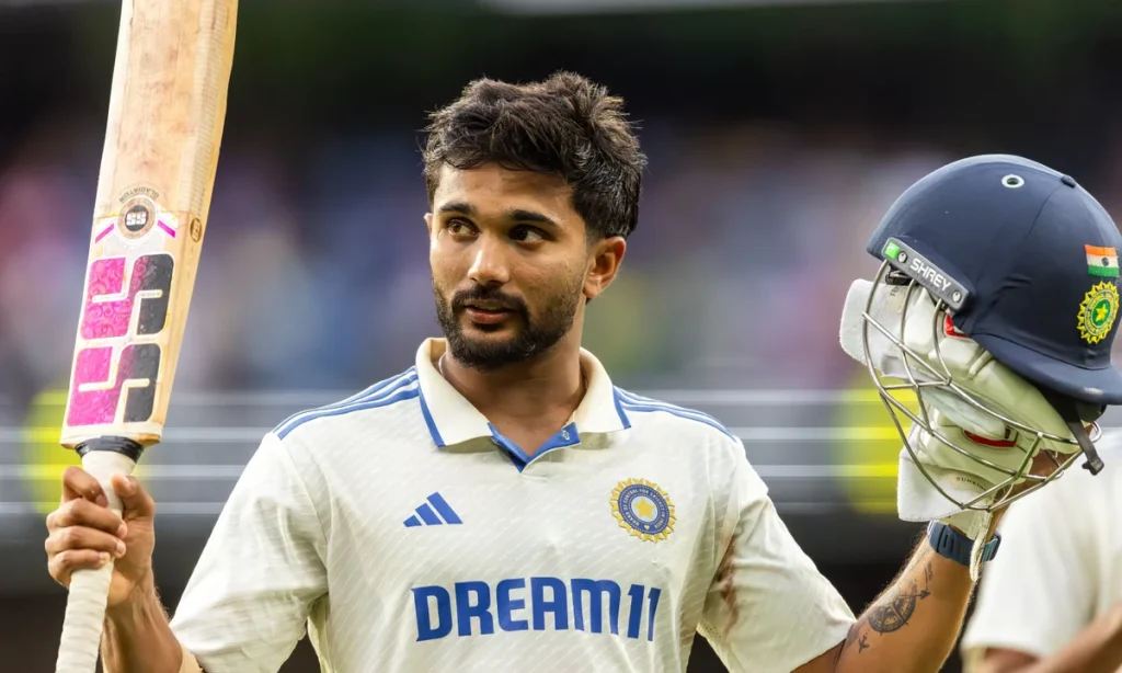 Nitish Kumar Reddy celebrating with bat and helmet in India Test