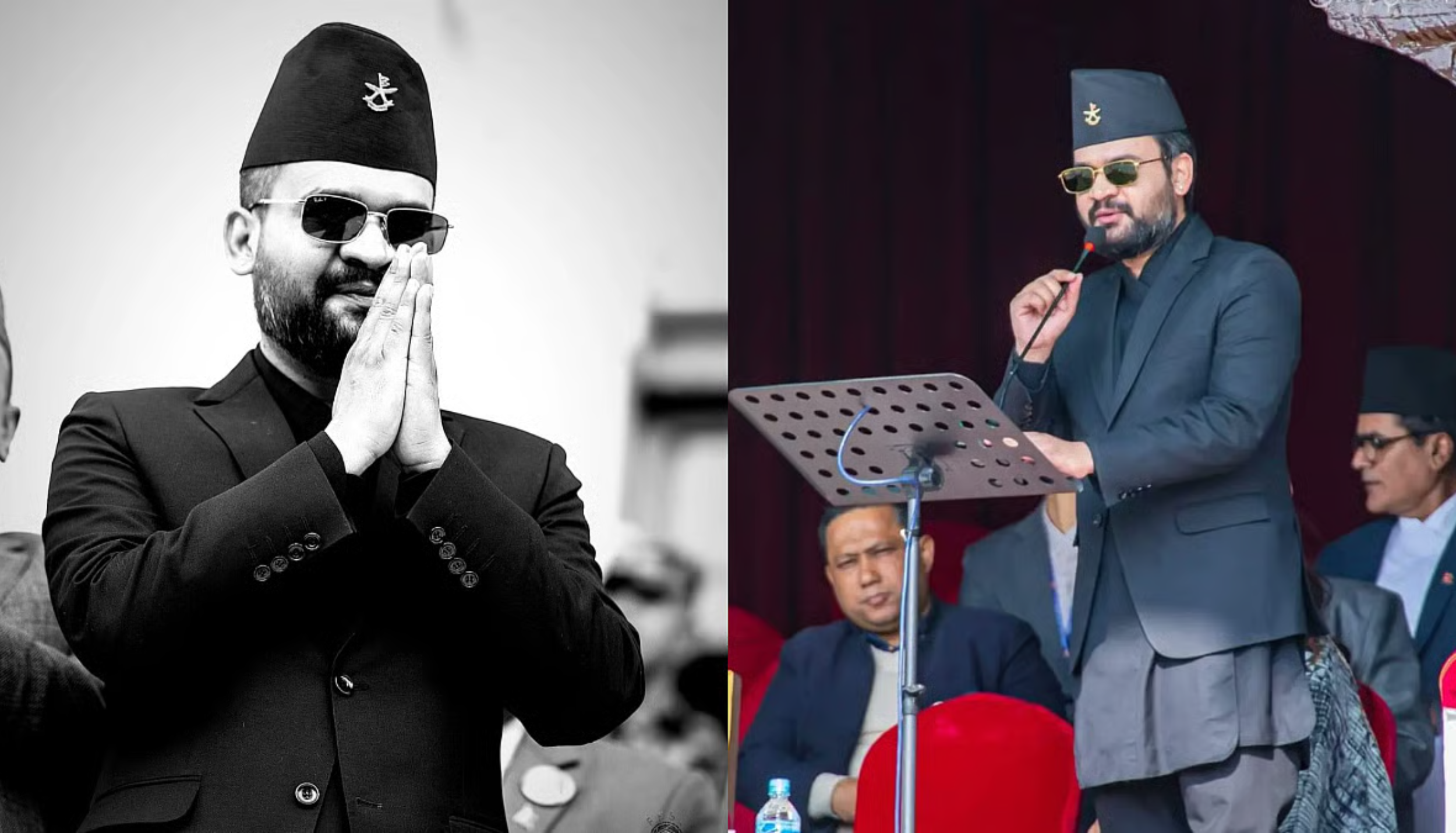 Nepal politician Balendra Shah speaking at a public event and greeting supporters