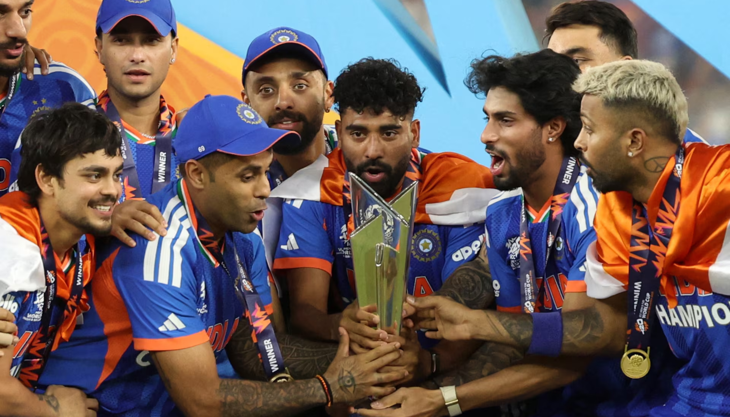 India cricket team celebrating ICC T20 World Cup 2026 victory with the trophy