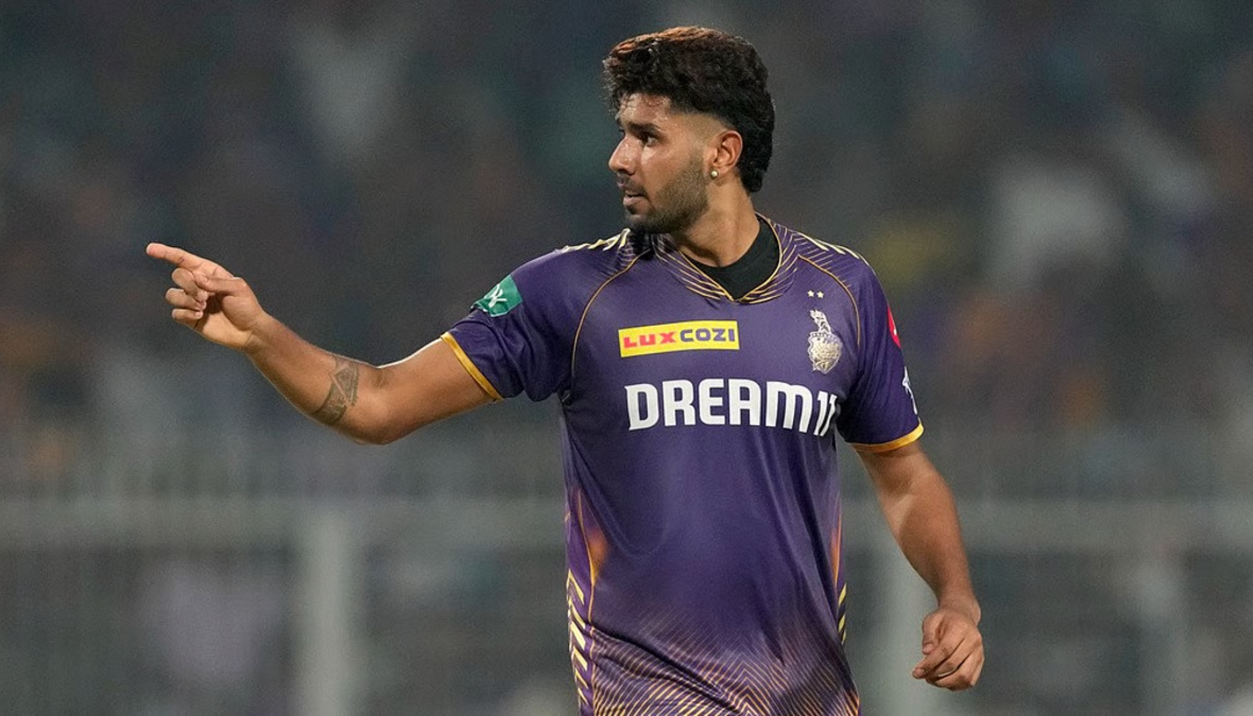 Harshit Rana pointing on field while playing for Kolkata Knight Riders in IPL match