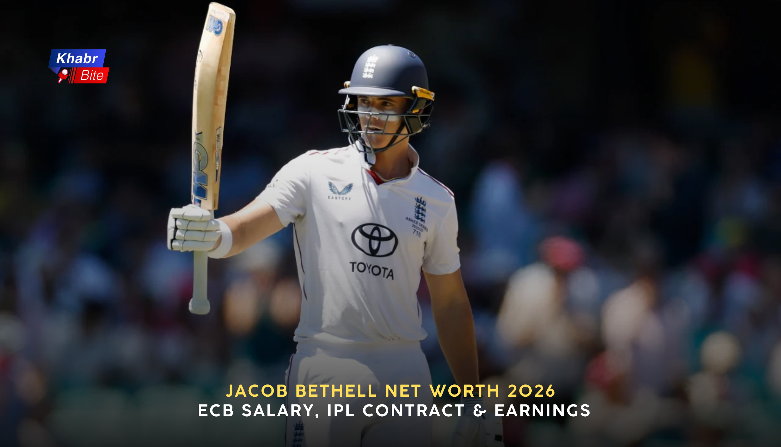 England cricketer Jacob Bethell celebrating with bat – Jacob Bethell net worth 2026 article image