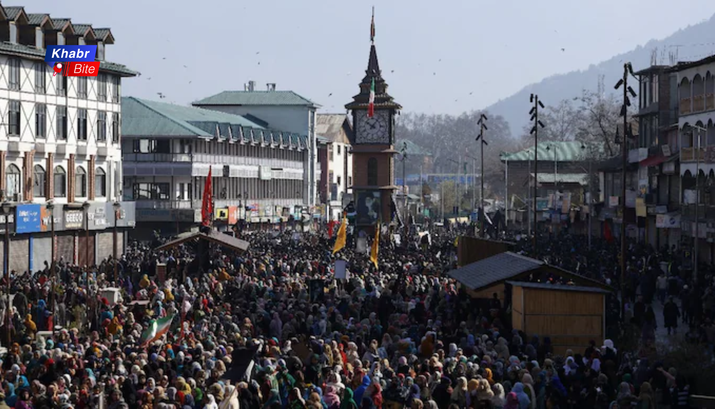 Protest gathering at Lal Chowk in Srinagar amid tensions leading to school closures in Kashmir