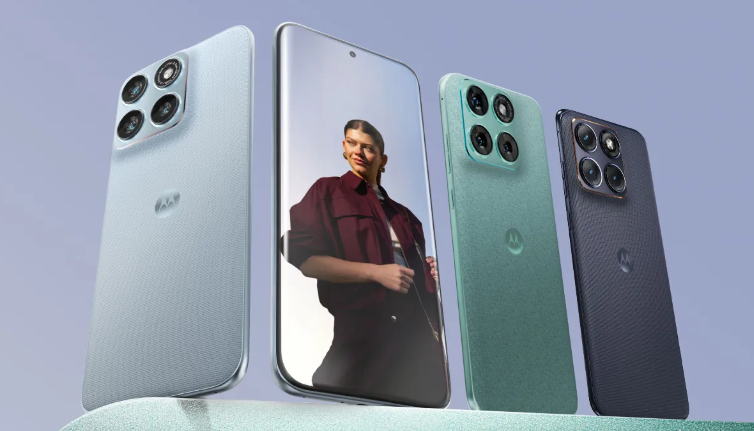 Motorola Edge 70 Fusion smartphone showing rear triple camera design and curved display in multiple colors