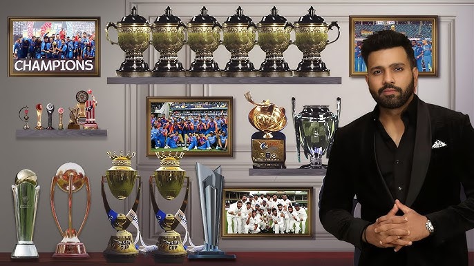 Rohit Sharma with cricket trophies.