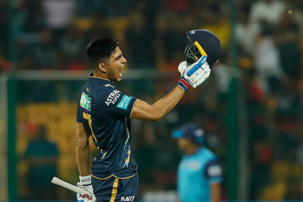 Shubman Gill celebrates after scoring in an IPL match for Gujarat Titans