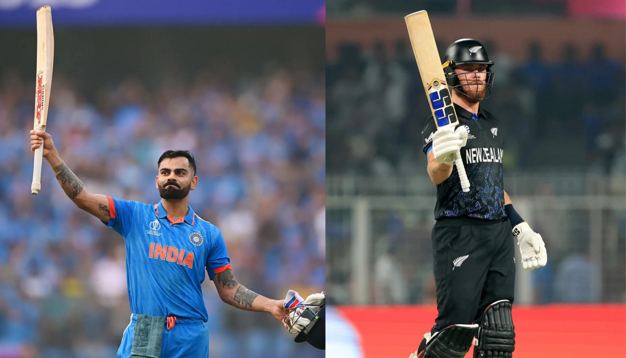 Virat Kohli and Finn Allen celebrating centuries in ICC T20 World Cup knockout matches