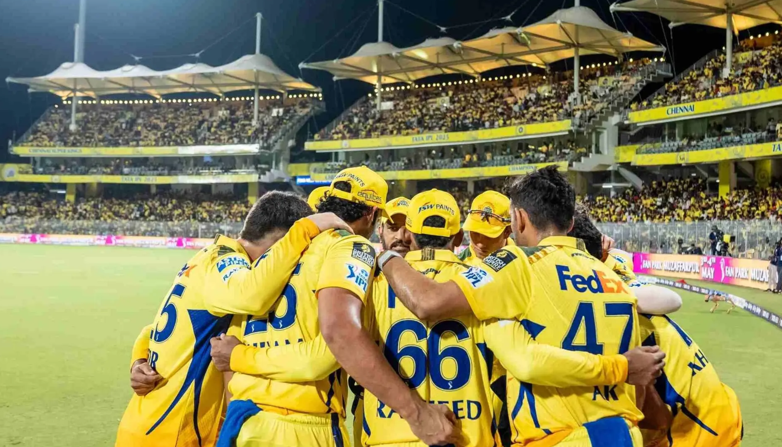 CSK 2026 reunion team huddle during IPL match