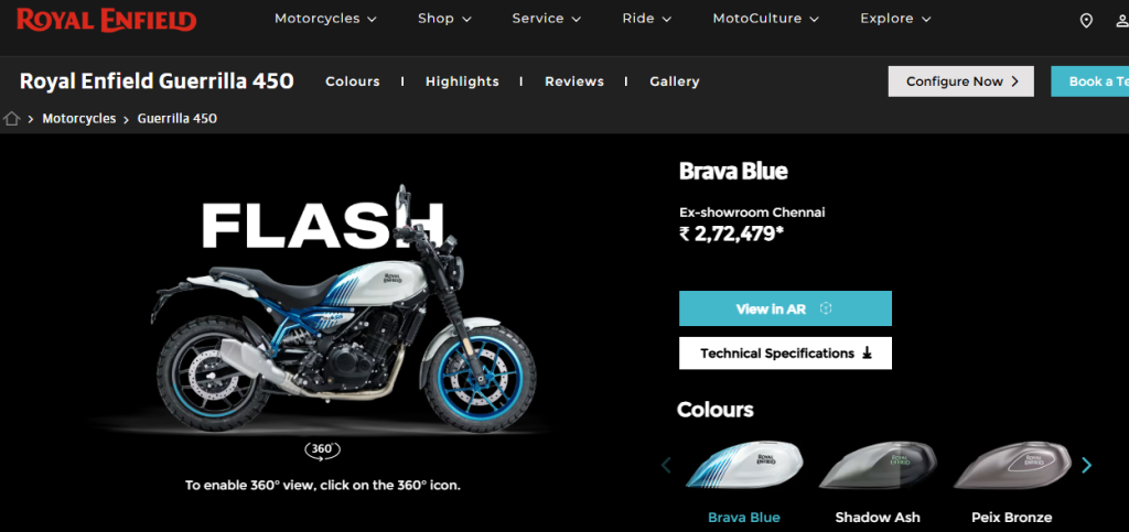 Royal Enfield Guerrilla 450 price and colour variants shown online