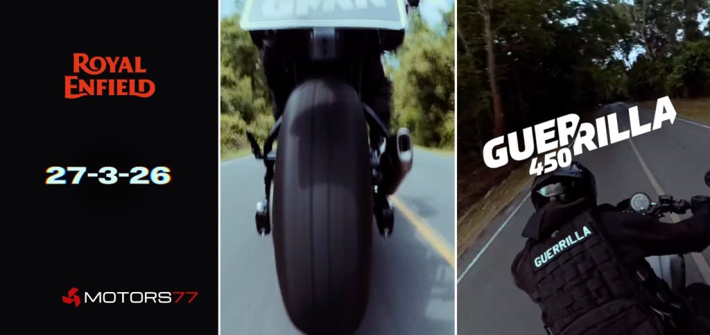 Royal Enfield Guerrilla 450 teaser poster with rider and launch date