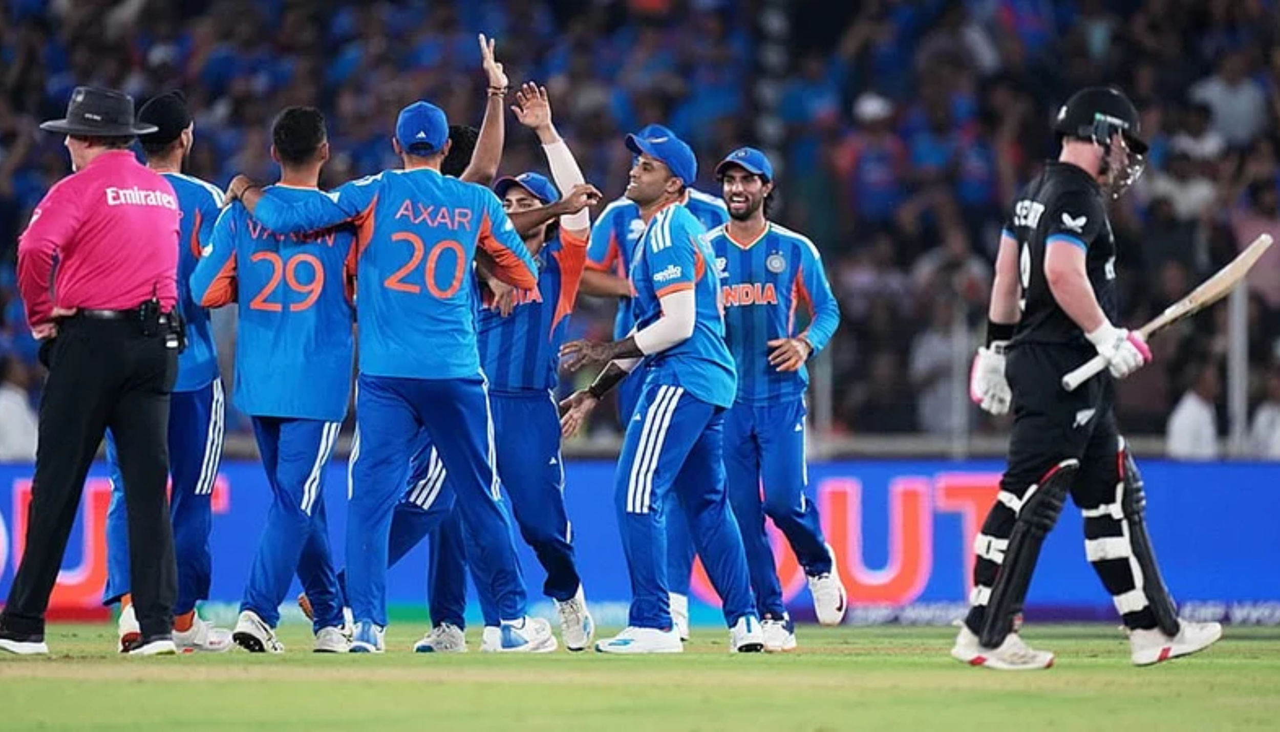 India cricket team celebrating a wicket during the ICC T20 World Cup 2026 match