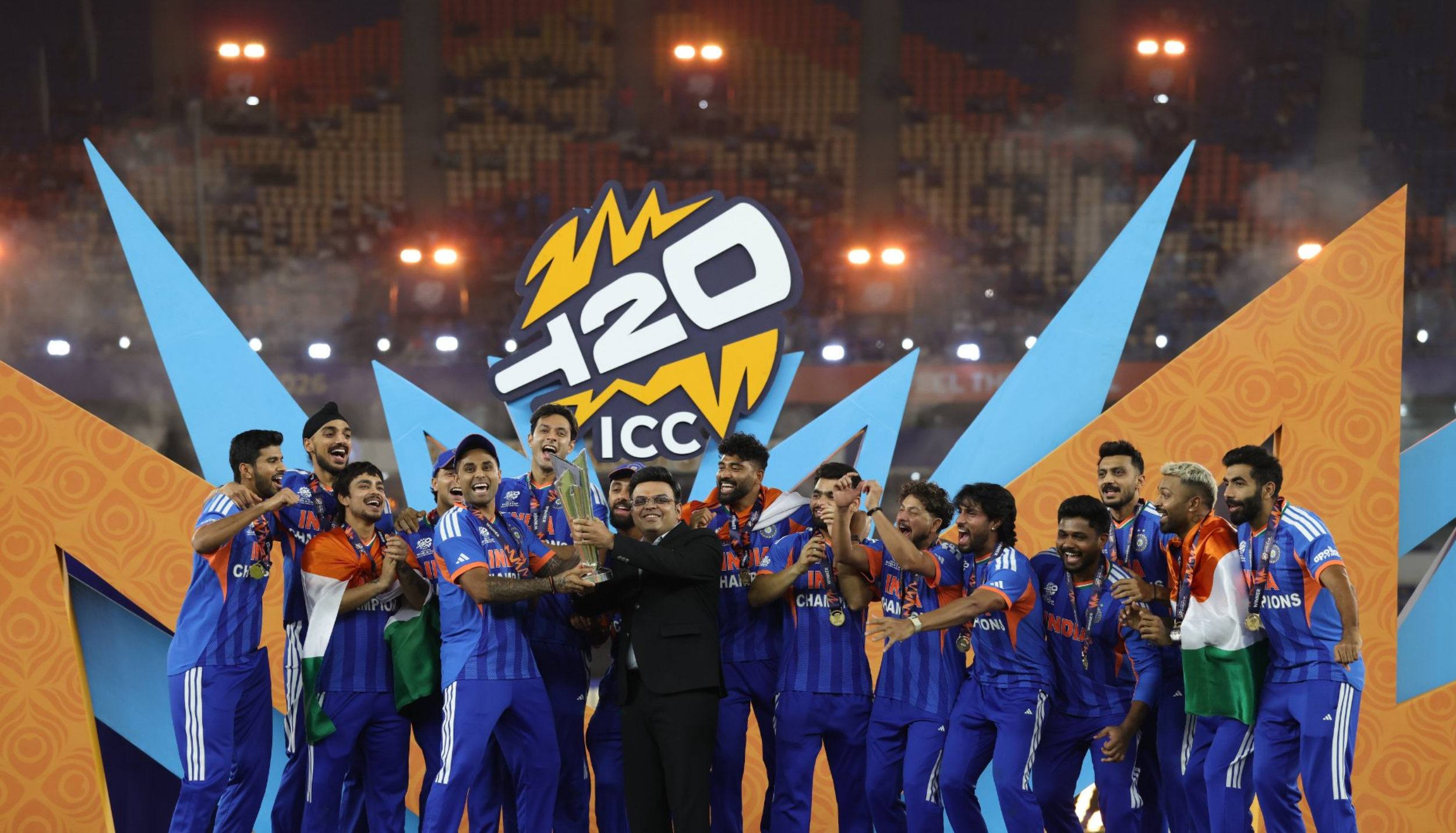 India cricket team celebrating ICC Men’s T20 World Cup 2026 victory with trophy
