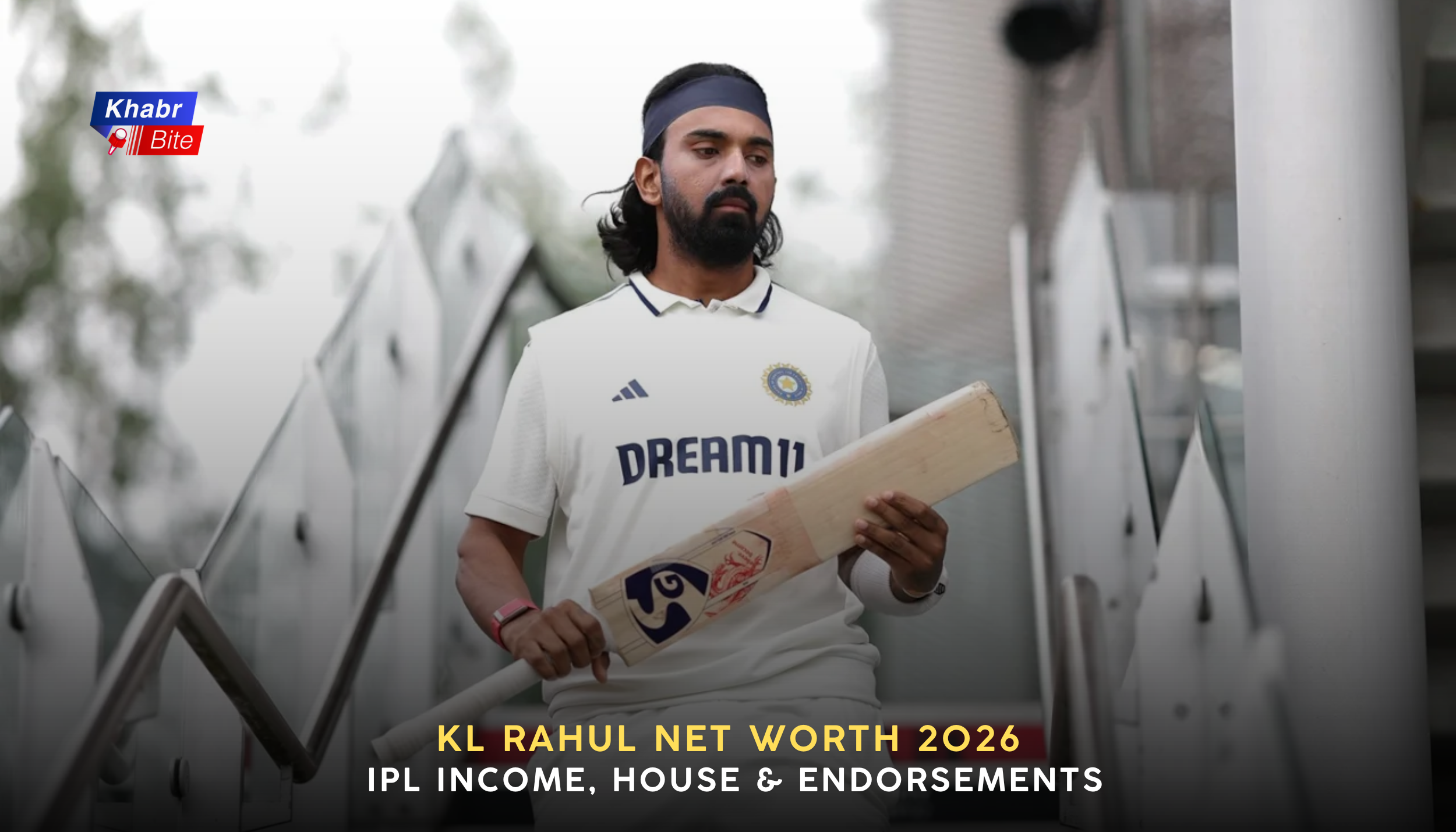 KL Rahul lifestyle image with cricket bat highlighting IPL income, endorsements and net worth