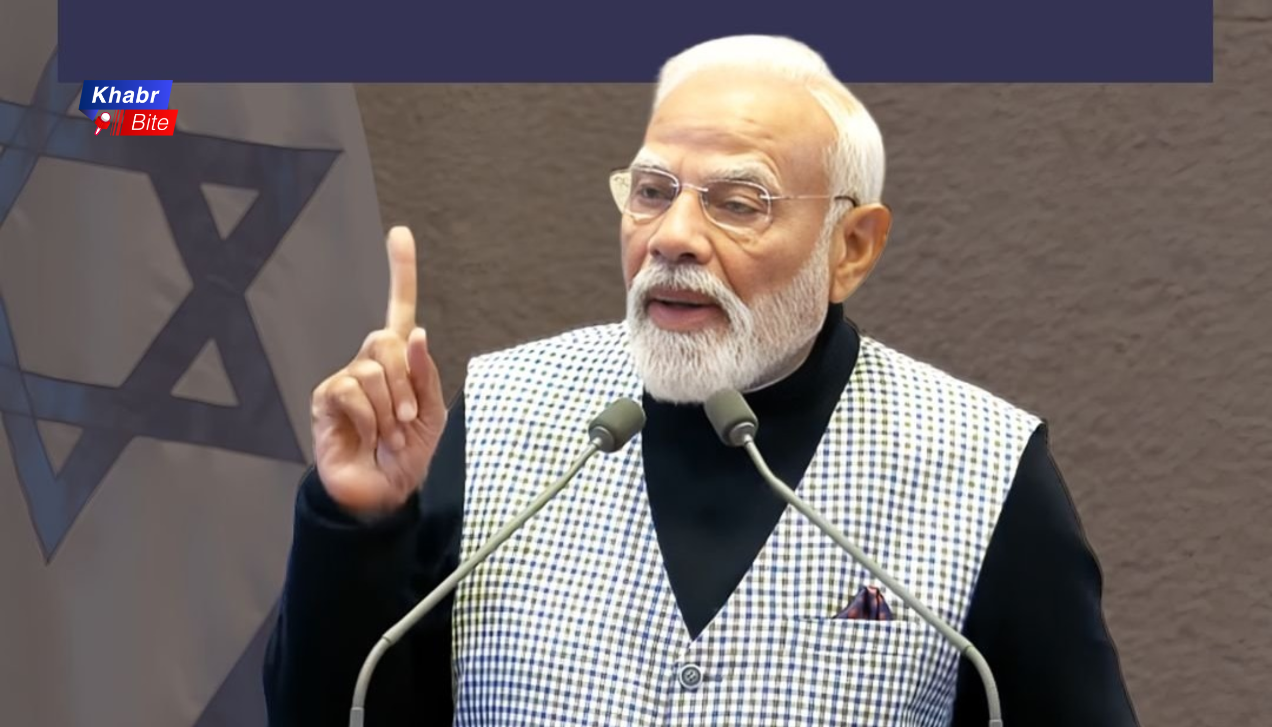 Prime Minister Narendra Modi speaking at an event, addressing India-Israel relations and Middle East tensions