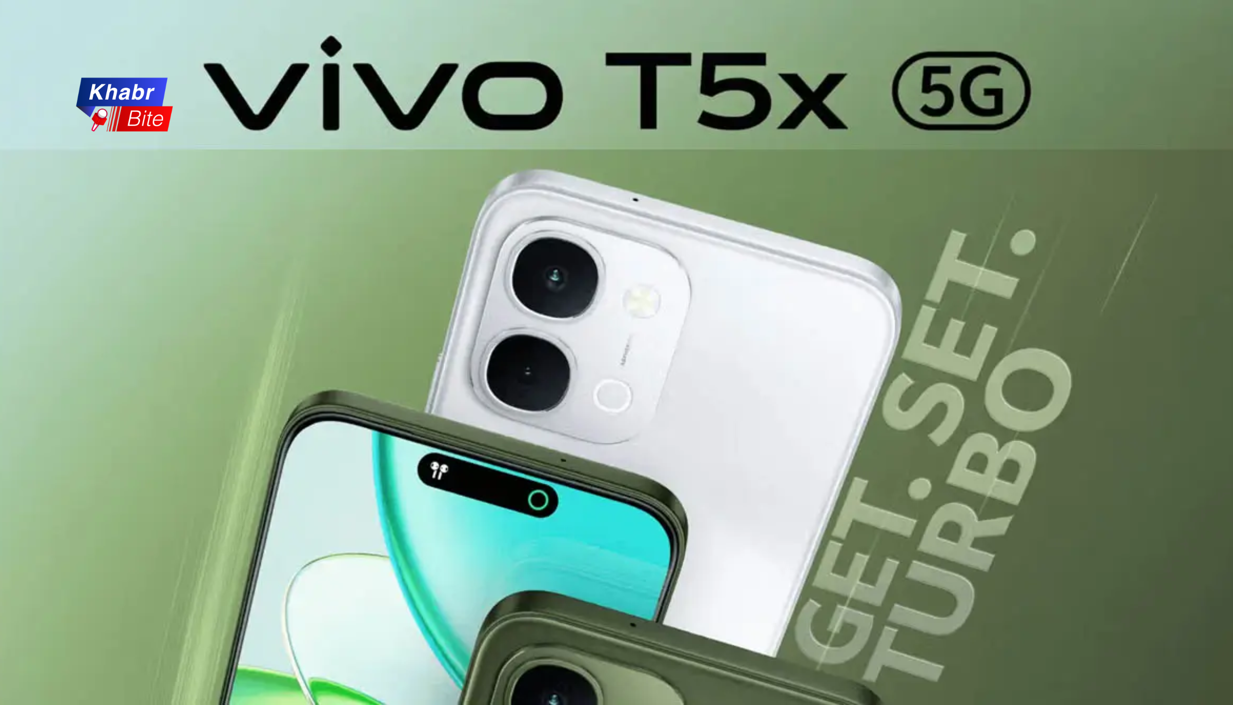 Vivo T5x 5G smartphone showing dual rear cameras and display design with “Get Set Turbo” branding