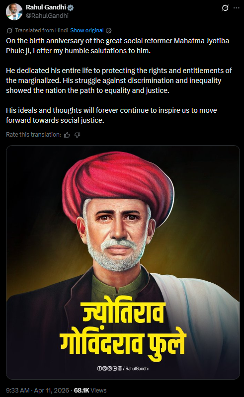 Rahul Gandhi shares tribute to Jyotiba Phule