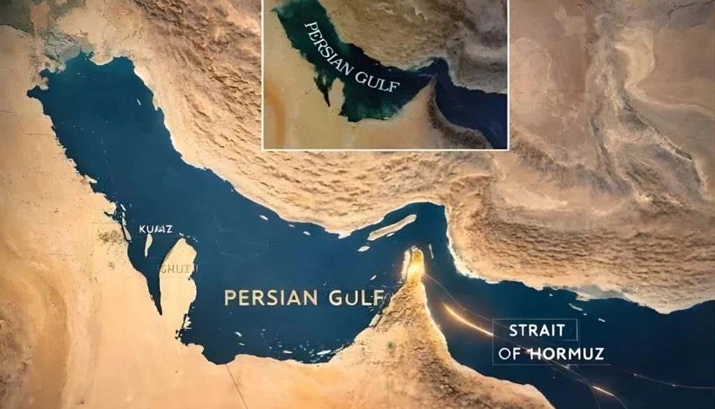 Strait of Hormuz highlighting key global oil shipping route in the Persian Gulf