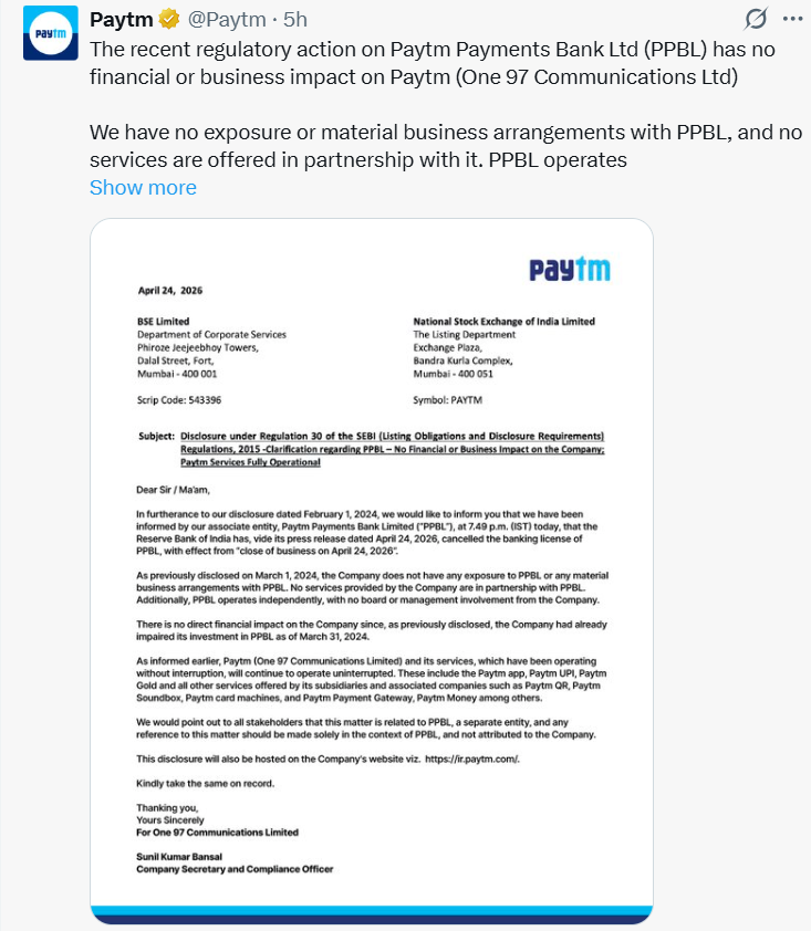 Paytm statement on RBI action